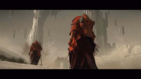 Screenshot from DEATH STRANDING 2: ON THE BEACH showing figures in red suits walking on a snowy landscape with tall structures.