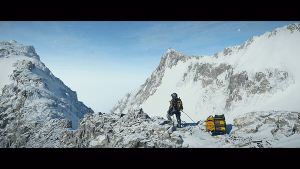 DEATH STRANDING 2: ON THE BEACH screenshot shows a lone figure in winter gear climbing snowy mountains with a gear-laden sled.