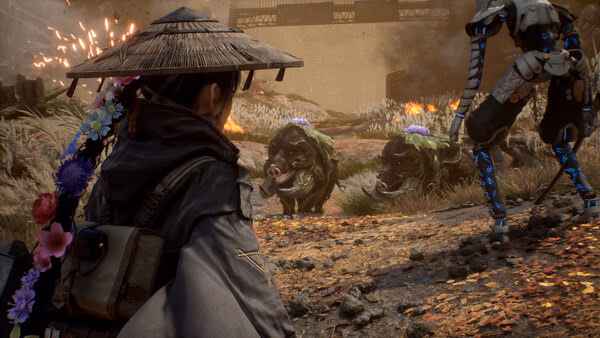 Screenshot from Beast of Reincarnation showing a character confronting two boar-like creatures in a fiery, battle-scarred landscape.