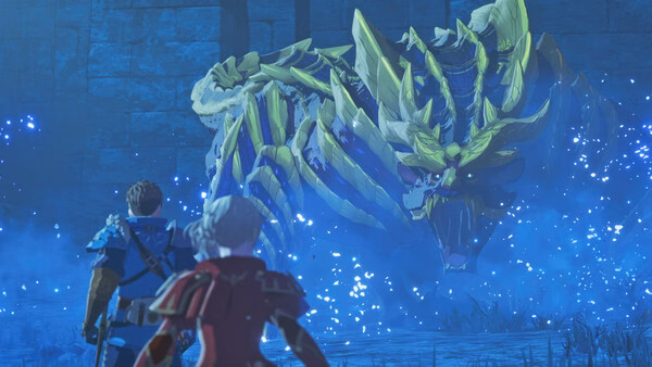 Screenshot from Monster Hunter Stories 3: Twisted Reflection showing two characters confronting a large dragon-like creature.
