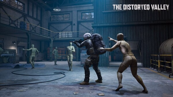 Screenshot from Arena Breakout: Infinite shows a soldier aiming a gun while surrounded by mannequin figures in a warehouse.