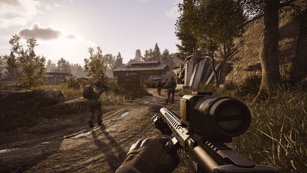 A screenshot from "Arena Breakout: Infinite" showing players navigating a forest path with weapons drawn at sunset.