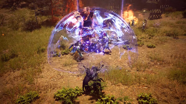 Throne and Liberty screenshot: A character casts a glowing purple shield spell in a grassy battlefield with fiery explosions in the background.
