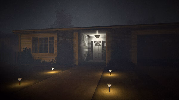 Phasmophobia screenshot: A dimly lit suburban house with a glowing porch light, surrounded by small pathway lights at night.