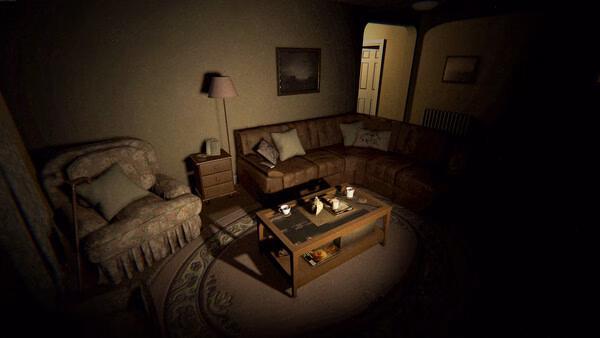 Phasmophobia screenshot: A dimly lit living room with a sofa, armchair, and coffee table, creating an eerie, haunted atmosphere.