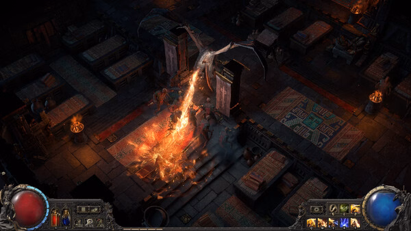 Path of Exile 2 screenshot: A character battles a dragon in a dimly lit dungeon, casting fiery spells amidst ancient stone structures.