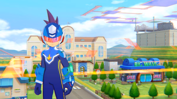 Screenshot from Mega Man Star Force Legacy Collection showing the character in a futuristic cityscape with colorful digital overlays.