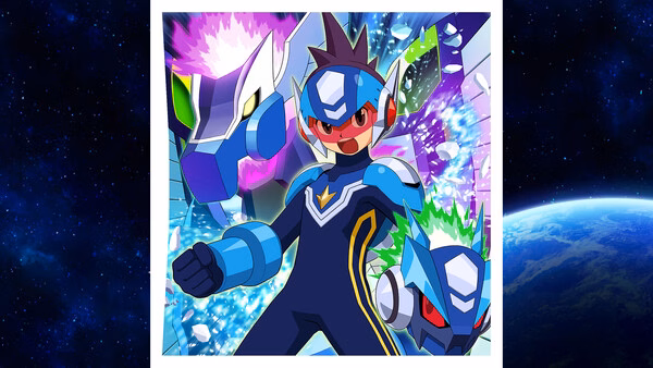 Mega Man Star Force Legacy Collection screenshot: Hero in battle armor with vibrant energy effects and robotic companions in space-themed art.