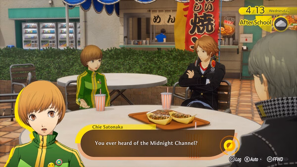 Screenshot from Persona 4 Revival: Three characters sit outside a cafe. Dialogue mentions the Midnight Channel.