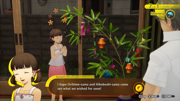 Screenshot from Persona 4 Revival: Two characters stand near a decorated bamboo tree, discussing their wishes on a sunny morning.