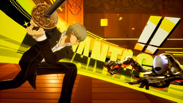 Persona 4 Revival screenshot: A character in a dynamic pose with a sword faces off against a masked enemy in a vibrant setting.