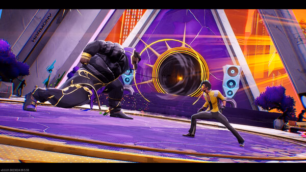 Screenshot from Dead as Disco: A character in yellow faces a large armored foe in a vibrant, futuristic arena with speakers.