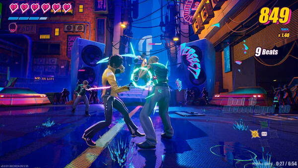 Screenshot from 'Dead as Disco': Two characters battle with glowing weapons in a neon-lit urban scene, surrounded by vibrant graffiti.