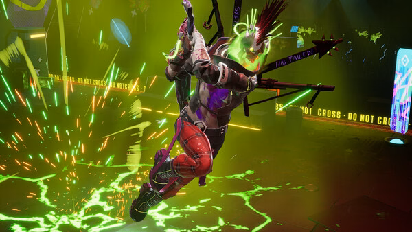 Screenshot from 'Dead as Disco': A punk character mid-air, surrounded by vibrant green and orange explosions, in a chaotic scene.