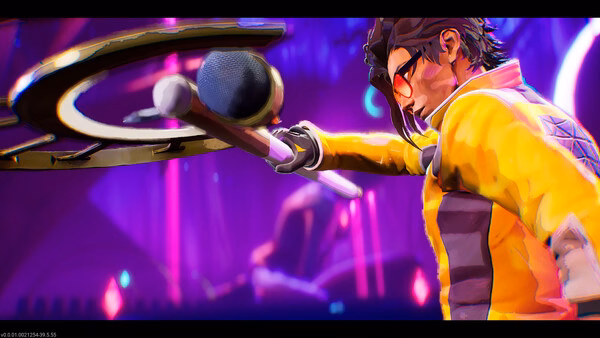 Screenshot from Dead as Disco: A character in a yellow jacket wields a microphone weapon in a vibrant neon-lit setting.