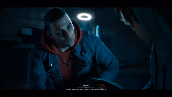 Vampire: The Masquerade - Bloodlines 2 screenshot of two characters in dialogue inside a dimly lit room.