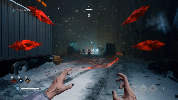 Screenshot from Vampire: The Masquerade - Bloodlines 2 showing a character with raised hands facing enemies in a snowy alley.