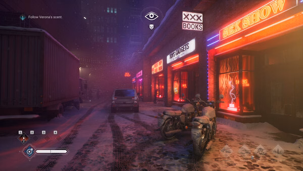 Screenshot from Vampire: The Masquerade - Bloodlines 2 shows a snowy city street with neon signs and parked motorcycles.
