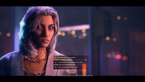 A screenshot from Vampire: The Masquerade - Bloodlines 2 showing a character with dialogue options in a dimly lit urban setting.
