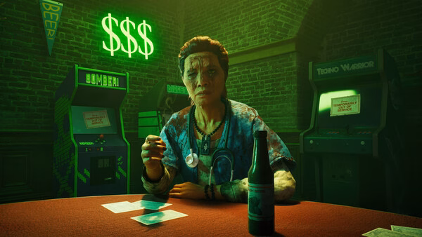 Screenshot from Vampire: The Masquerade - Bloodlines 2 showing a character seated at a table with arcade machines in the background.