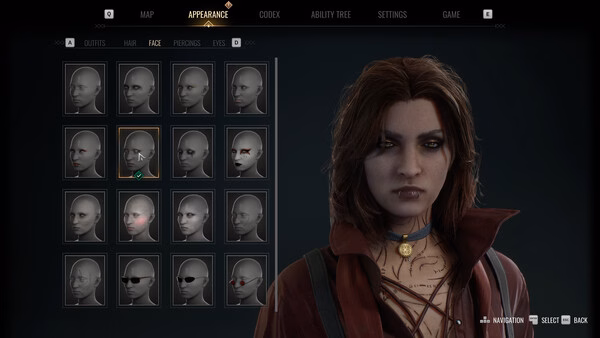 Screenshot from Vampire: The Masquerade - Bloodlines 2 showing the character customization menu focused on face selection.