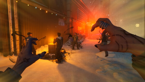 Screenshot from Vampire: The Masquerade - Bloodlines 2 showing a player's hands with claws ready to attack a group in a snowy alley.