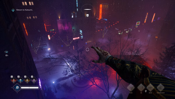 Screenshot from Vampire: The Masquerade - Bloodlines 2 showing a player's extended arm overlooking a vibrant, neon-lit cityscape at night.