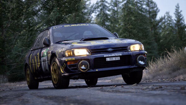 Assetto Corsa Rally screenshot: A rally car speeds down a forest road, showcasing detailed graphics and realistic lighting.