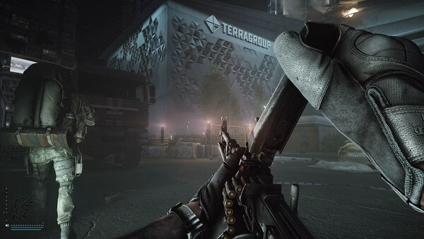 Escape from Tarkov screenshot: A player reloads their weapon while another character moves near a Terragroup building at night.