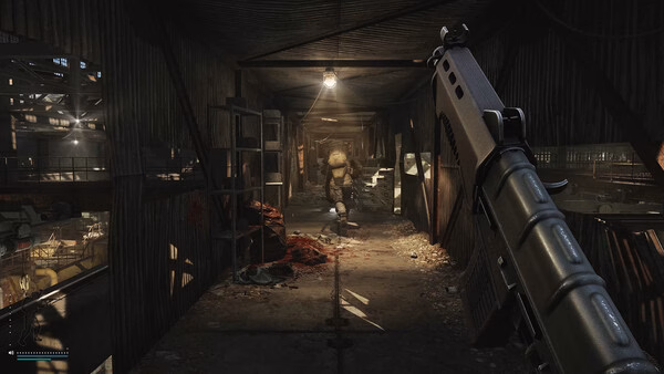 Escape from Tarkov screenshot showing a player aiming a shotgun at an armored figure in a dimly lit industrial hallway.