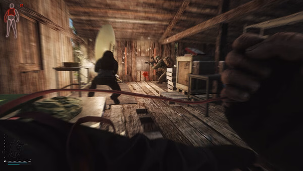Escape from Tarkov screenshot: A player holding a knife approaches an opponent in a wooden shack, ready for combat.