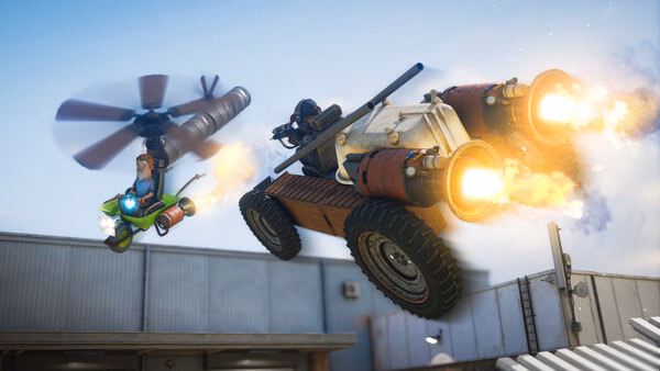 s&box screenshot: A flying machine and a rocket-powered vehicle race above rooftops, leaving fiery exhaust trails in the sky.