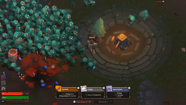 s&box screenshot: A character battles hordes of creatures near a stone circle, with action cards and health bar visible.