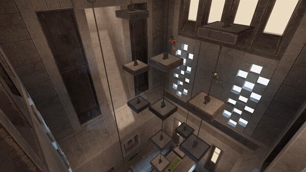 s&box screenshot: Players navigate a series of suspended platforms in a tall, industrial-style tower with geometric windows.