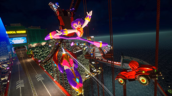 Sonic Racing: CrossWorlds screenshot featuring a vibrant cityscape and characters racing on futuristic hoverboards.