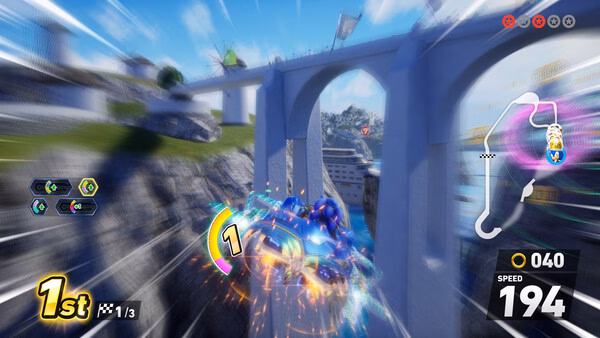 Sonic Racing: CrossWorlds screenshot: Sonic speeds across a bridge, sparks flying. He's in 1st place with a speed of 194.