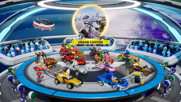 Screenshot of Sonic Racing: CrossWorlds showing colorful cars and characters lined up in the Urban Canyon selection screen.