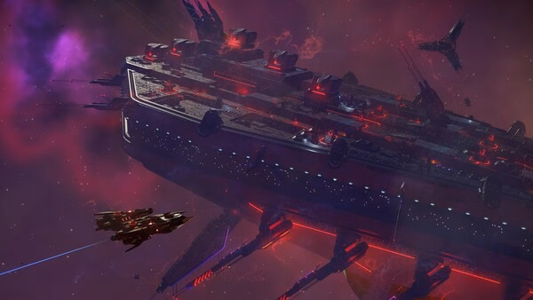 Screenshot from No Man's Sky showing a massive spaceship with glowing red lights in space, accompanied by smaller ships against a nebula backdrop.