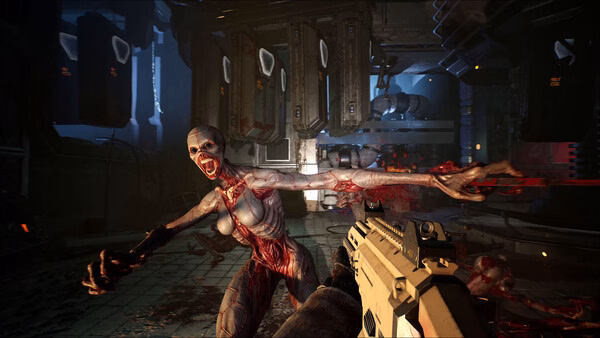 A Killing Floor 3 screenshot showing a player aiming at a grotesque mutant attacking in a dark, industrial environment.