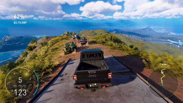 Screenshot from The Crew Motorfest: Jeep vehicles racing over a scenic mountain road with lush greenery and ocean views.
