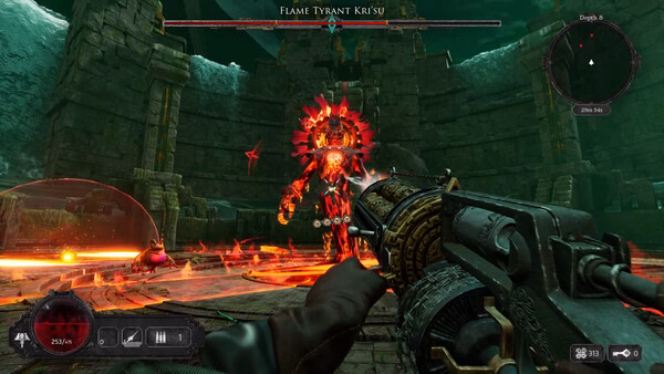 A screenshot from Abyssus showing a player aiming a weapon at the fiery boss Flame Tyrant Krisu in a dark, ancient arena.