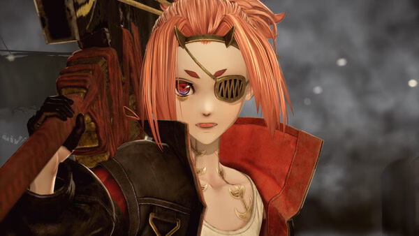 A character with red hair and a large weapon in Code Vein 2. The background shows a cloudy sky. Game screenshot.