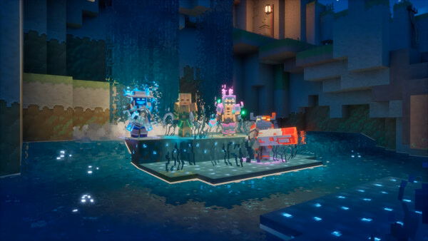 Screenshot from Minecraft Dungeons II showing heroes battling enemies on a glowing platform surrounded by water and cliffs.
