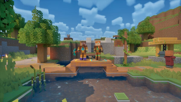 Screenshot from Minecraft Dungeons II showing two characters standing on a bridge in a vibrant, blocky outdoor environment.
