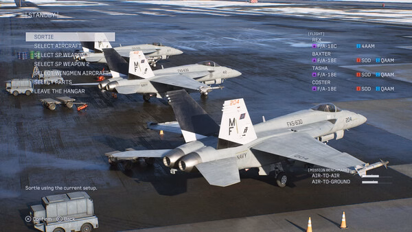ACE COMBAT 8: WINGS OF THEVE screenshot showing fighter jets parked on an airbase runway with a snowy background.