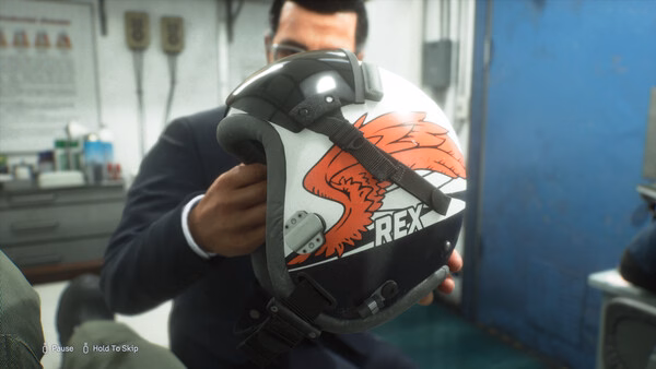 A screenshot from "ACE COMBAT 8: WINGS OF THEVE" showing a person holding a helmet with a red winged design and the word "REX."