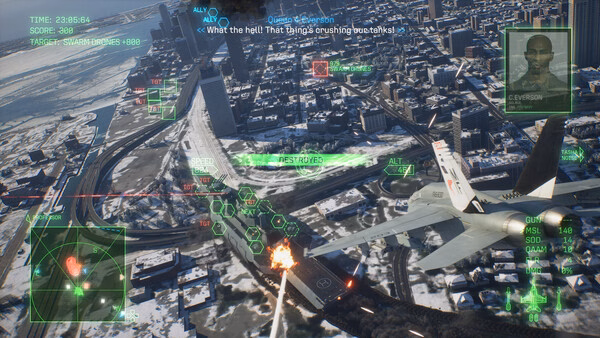 ACE COMBAT 8: WINGS OF THEVE screenshot showing a fighter jet firing missiles over a snowy city with HUD elements and dialogue.