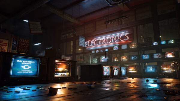 A screenshot from Gears of War: E-Day showing a dim electronics store with neon signs and scattered debris on the floor.